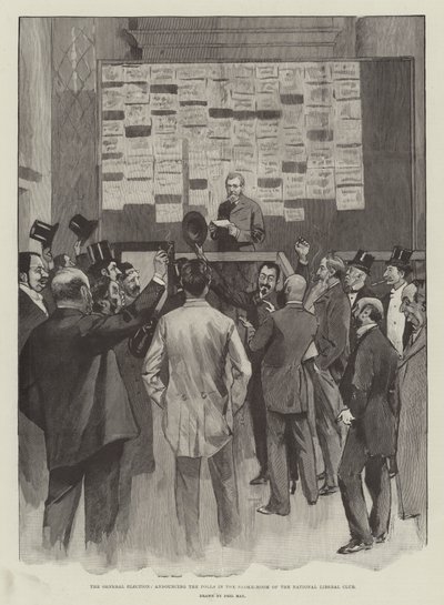De algemene verkiezingen, aankondiging van de stembusuitslagen in de rookkamer van de National Liberal Club door Phil May
